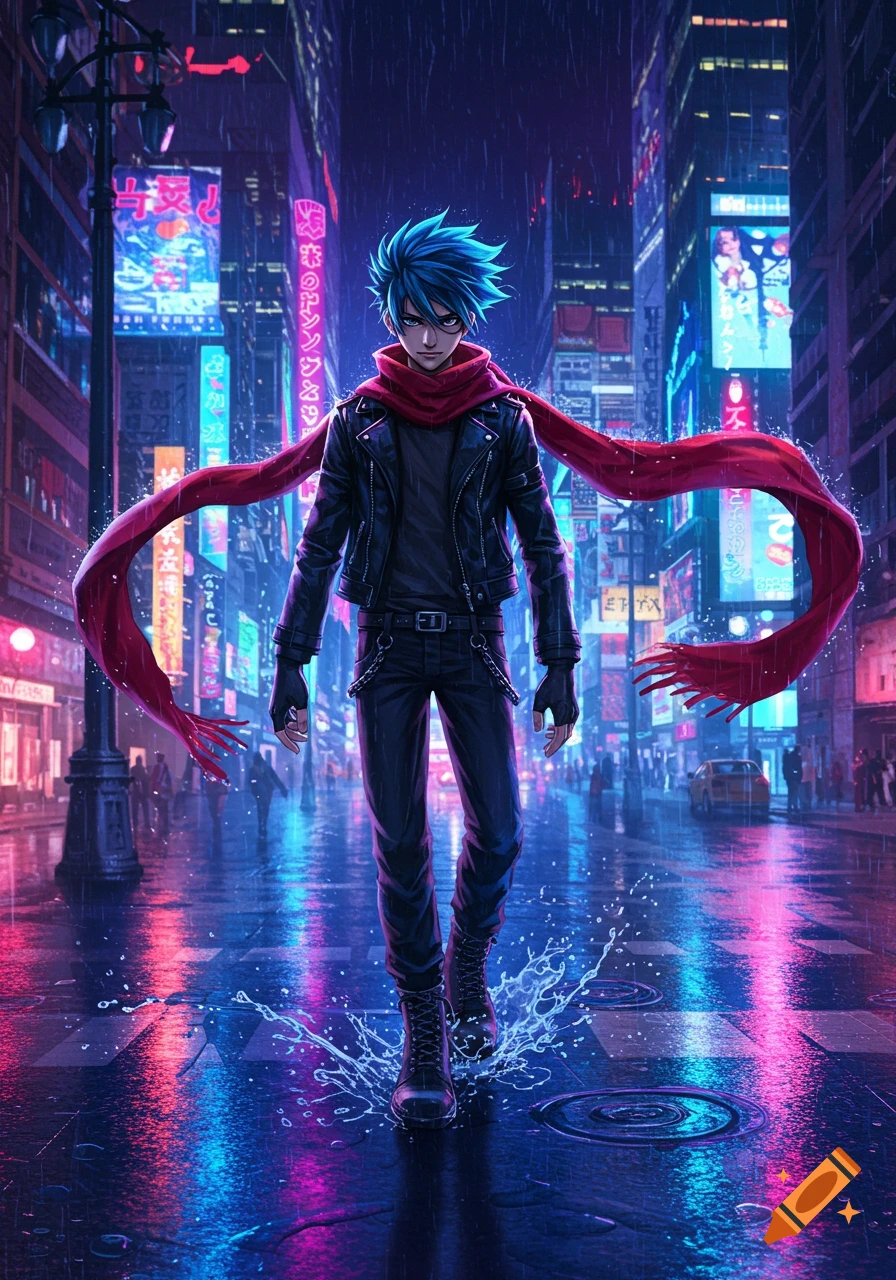 An anime boy with blue spiky hair, a red scarf, and a black leather jacket walks through a rainy, neon-lit cyberpunk city street, splashing water.