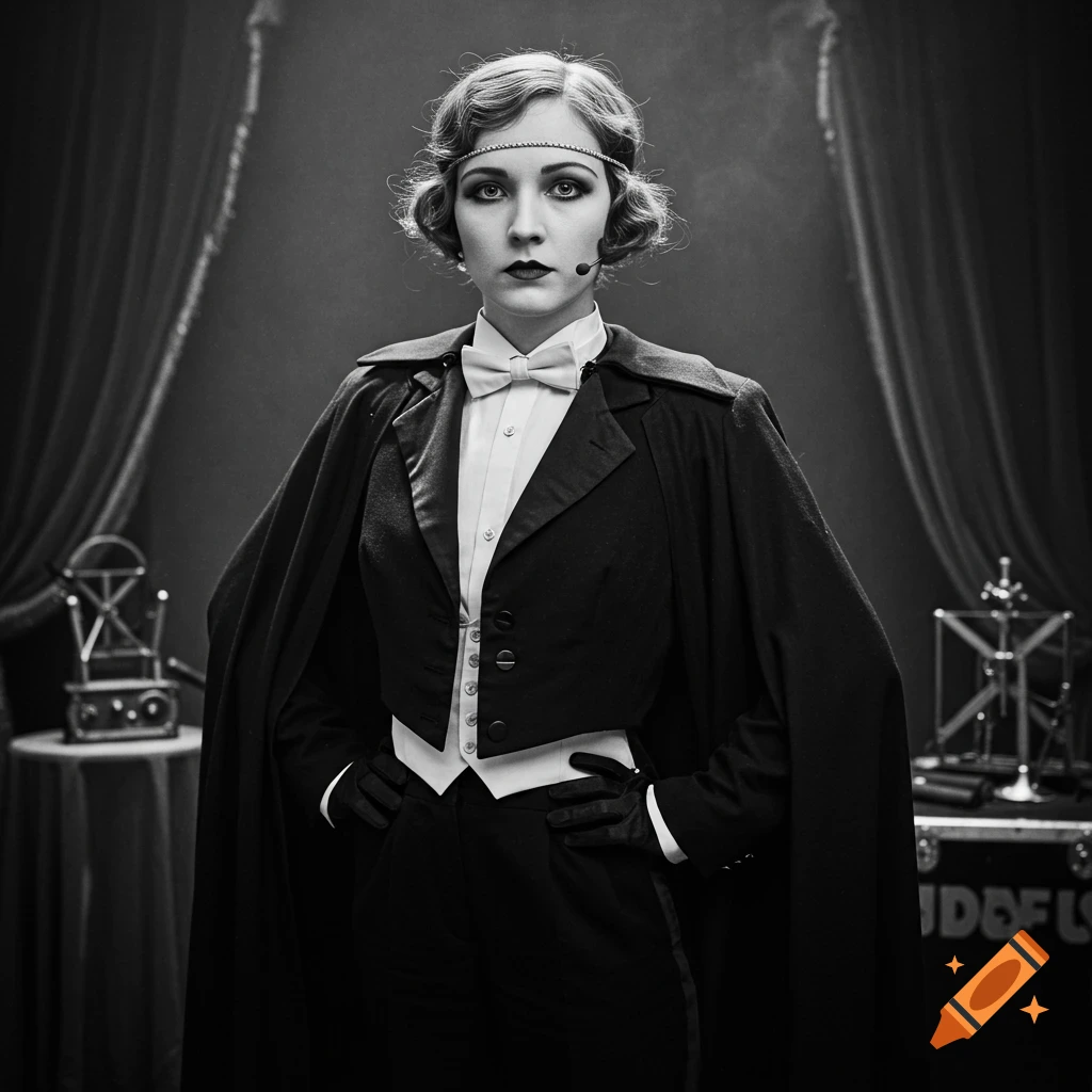 Black and white portrait of a serious 1920s female stage magician in a tuxedo, cape, and headband, standing on stage.