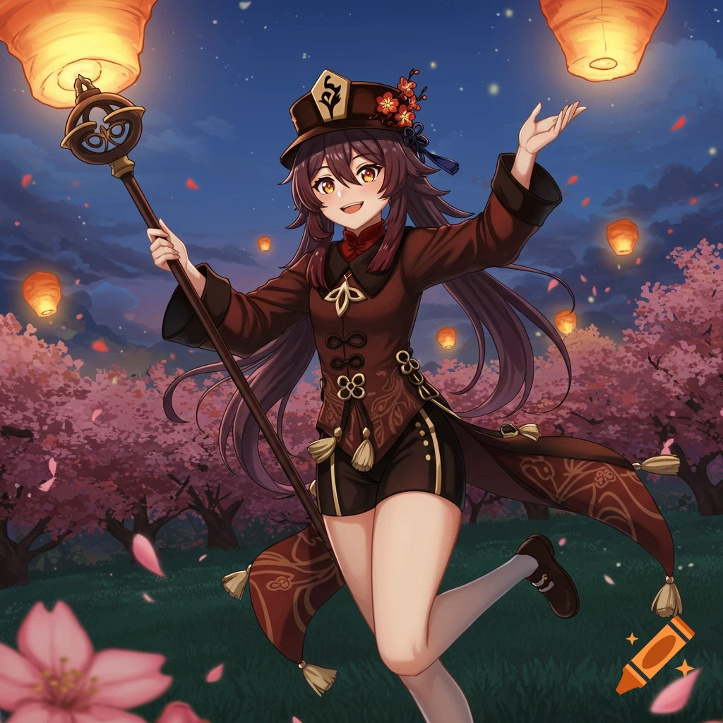 Anime style Hu Tao from Genshin Impact, smiling and holding a staff, under a night sky with floating lanterns and cherry blossom trees.