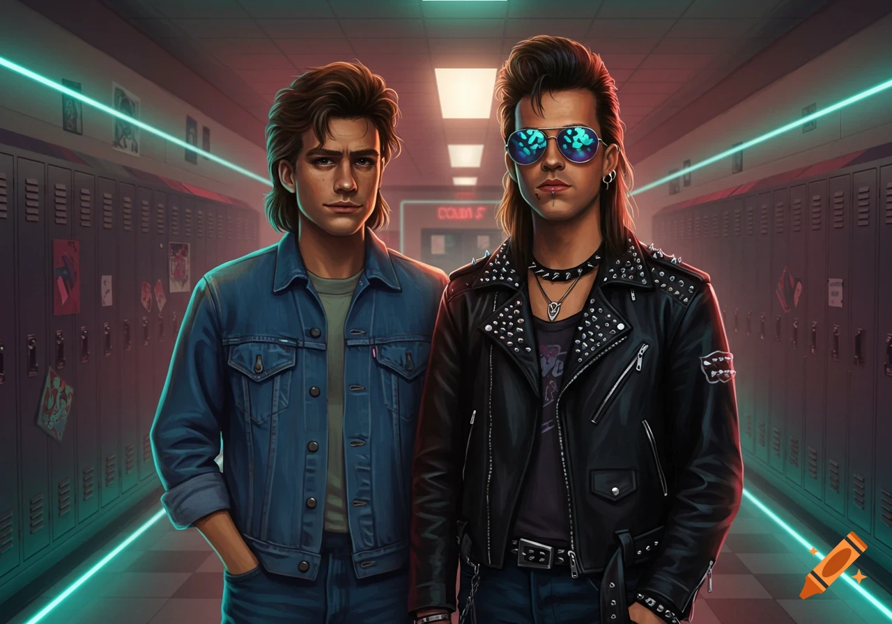 Two men in 80s fashion, one in denim and one in a studded leather jacket with sunglasses, in a neon-lit school hallway.