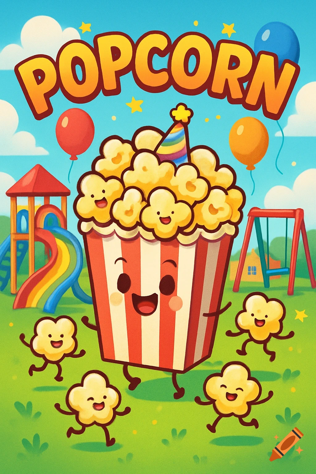 A cheerful cartoon popcorn box with a party hat and small popcorn characters dancing in a playground, with 'POPCORN' text.