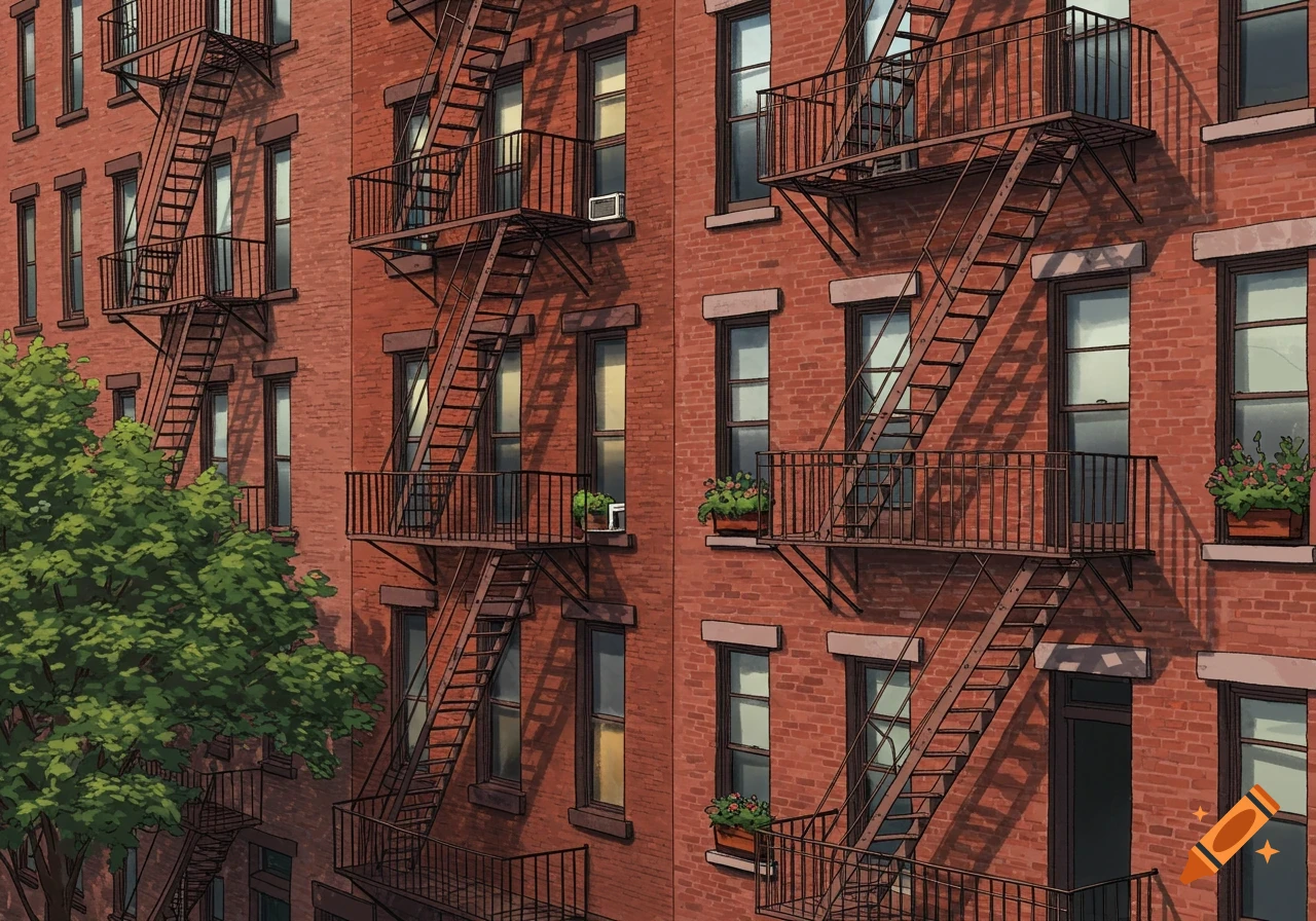 An illustrated view of a red brick New York City tenement building with numerous fire escapes and a green tree in the foreground.