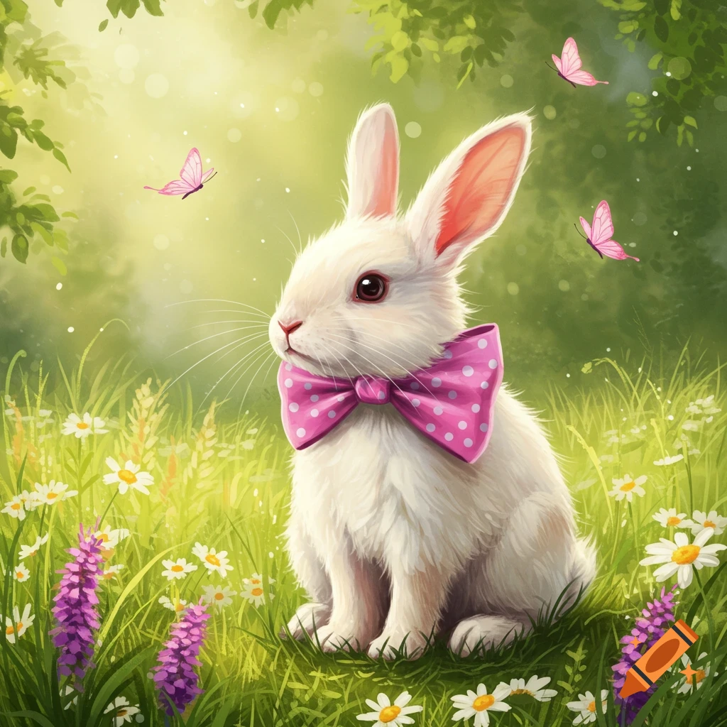 A white rabbit wearing a pink polka-dot bow tie sits in a lush green field with white and purple flowers, surrounded by pink butterflies, in a soft artistic style.