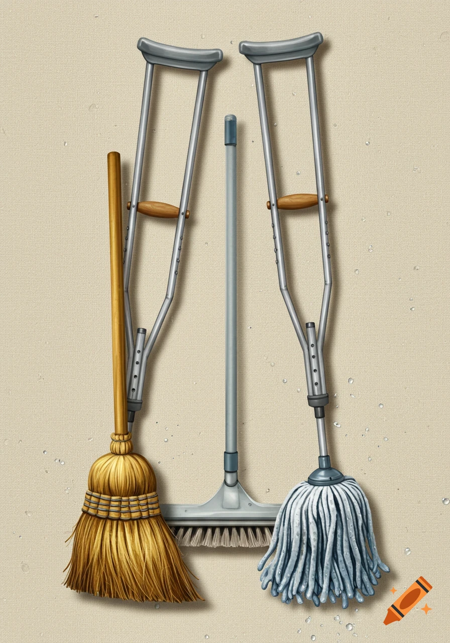 Digital illustration of two crutches, a broom, a floor squeegee, and a mop standing upright against a textured beige background.