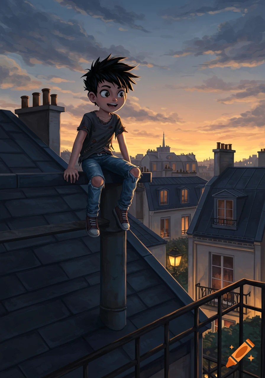 Cartoon illustration of a young boy with spikey hair and ripped clothes sitting on a Parisian rooftop at sunset.