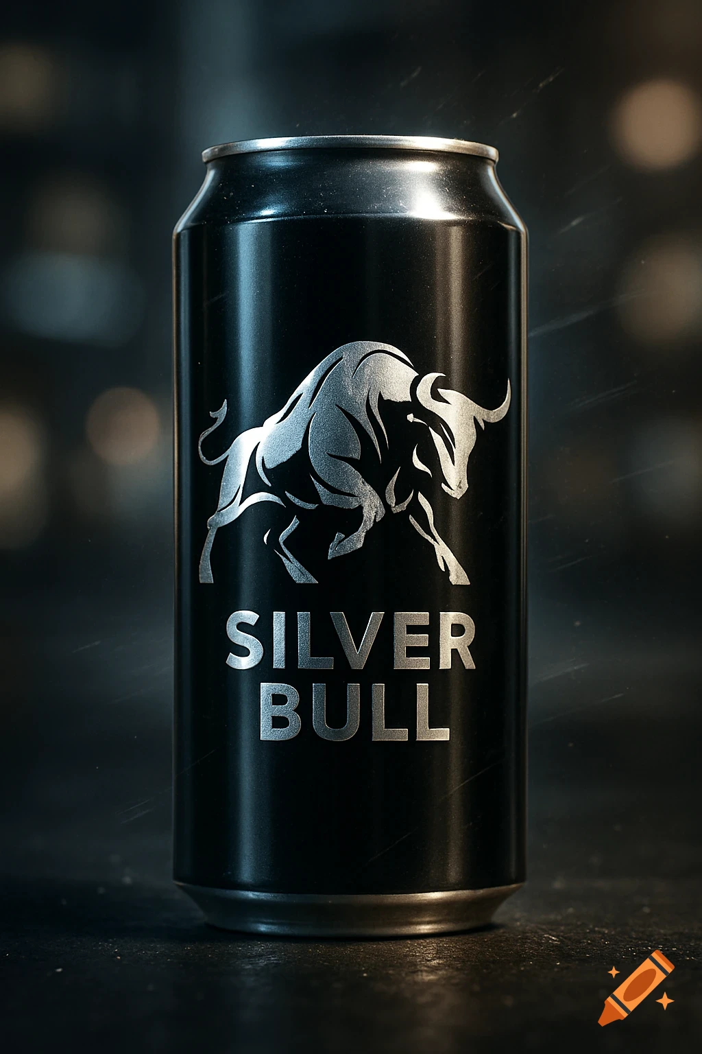Photorealistic image of a sleek black energy drink can with a silver bull logo and 'SILVER BULL' text.