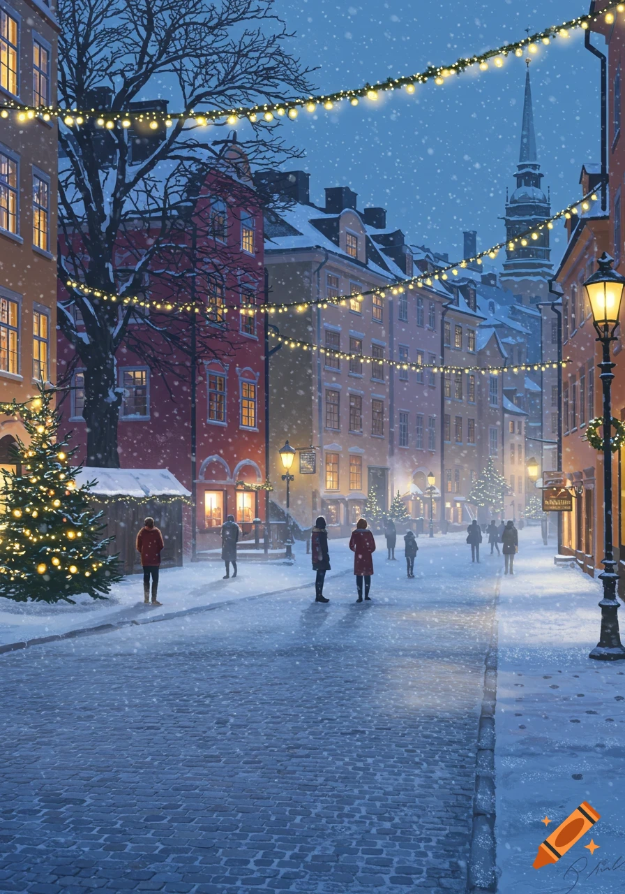 A charming painting of a snowy city street at night, with buildings illuminated by windows and festive string lights, people walking on the cobblestones.