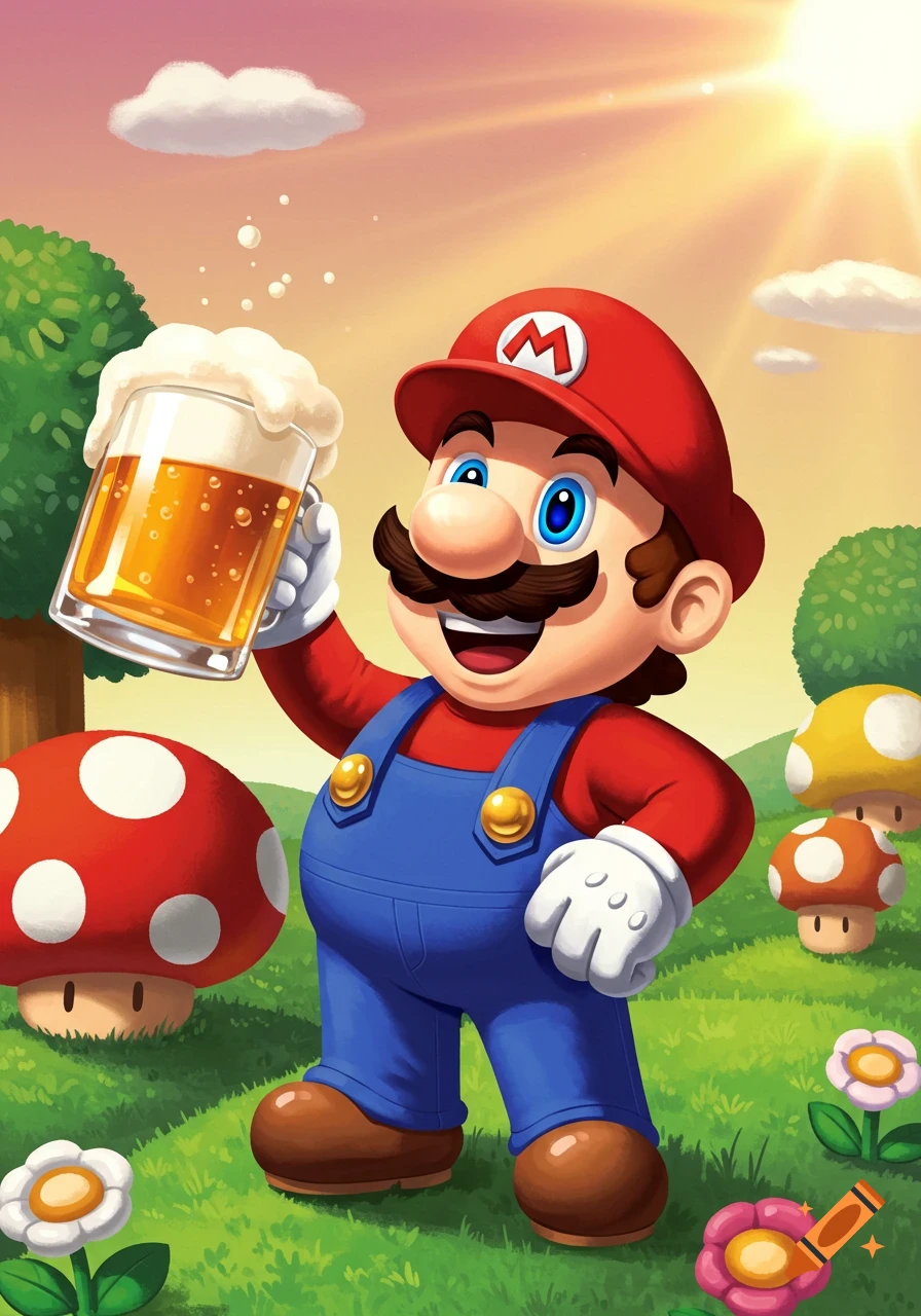 Cartoon Mario holding a beer in a sunny, mushroom-filled green landscape with flowers and clouds.