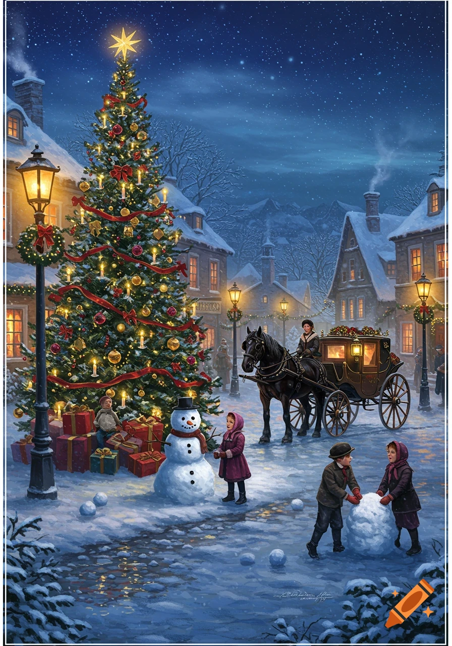 A snowy Victorian Christmas scene with a large decorated tree, children playing, and a horse-drawn carriage in a village.