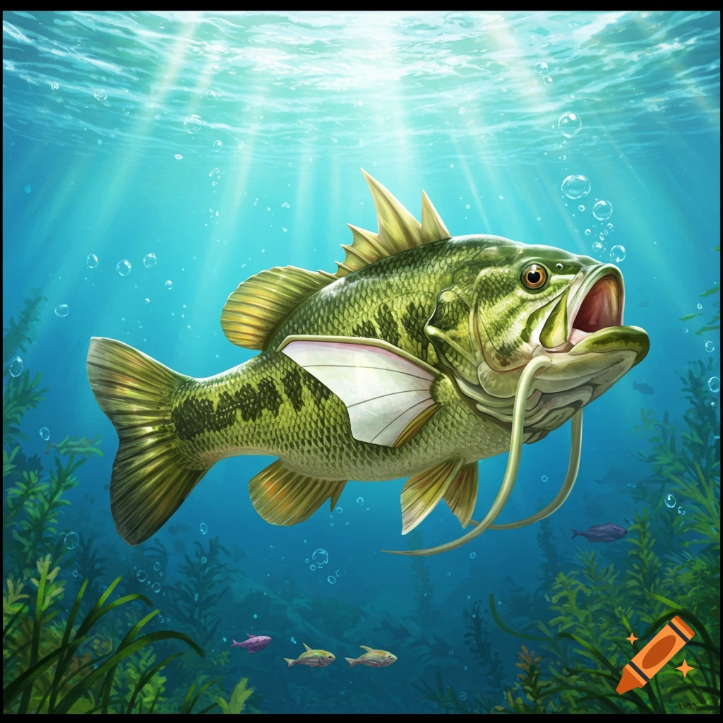 A green fish with a largemouth bass pattern, prominent fins, and long whiskers swims underwater. Sunlight beams from above, with aquatic plants below.