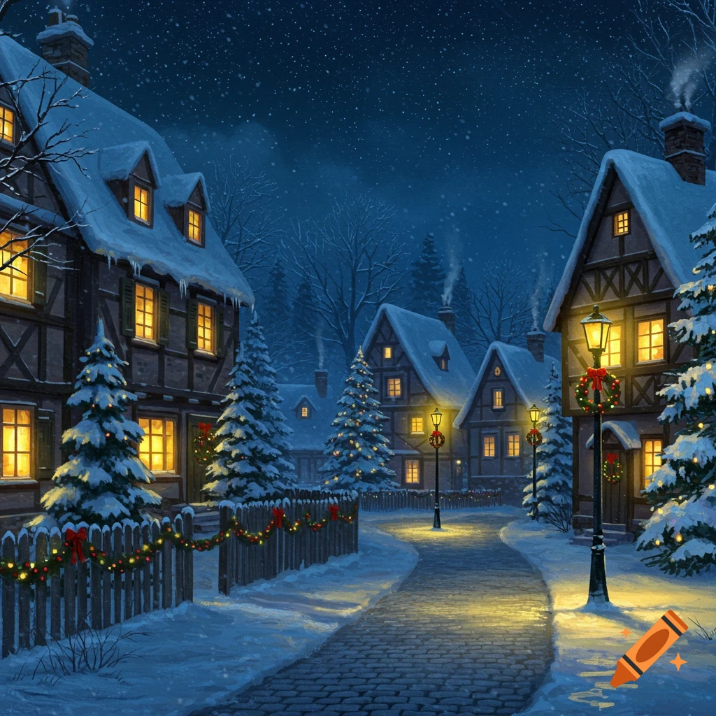 Snowy Christmas village at night with warm lights in windows, decorated trees, streetlights, and a cobblestone path.
