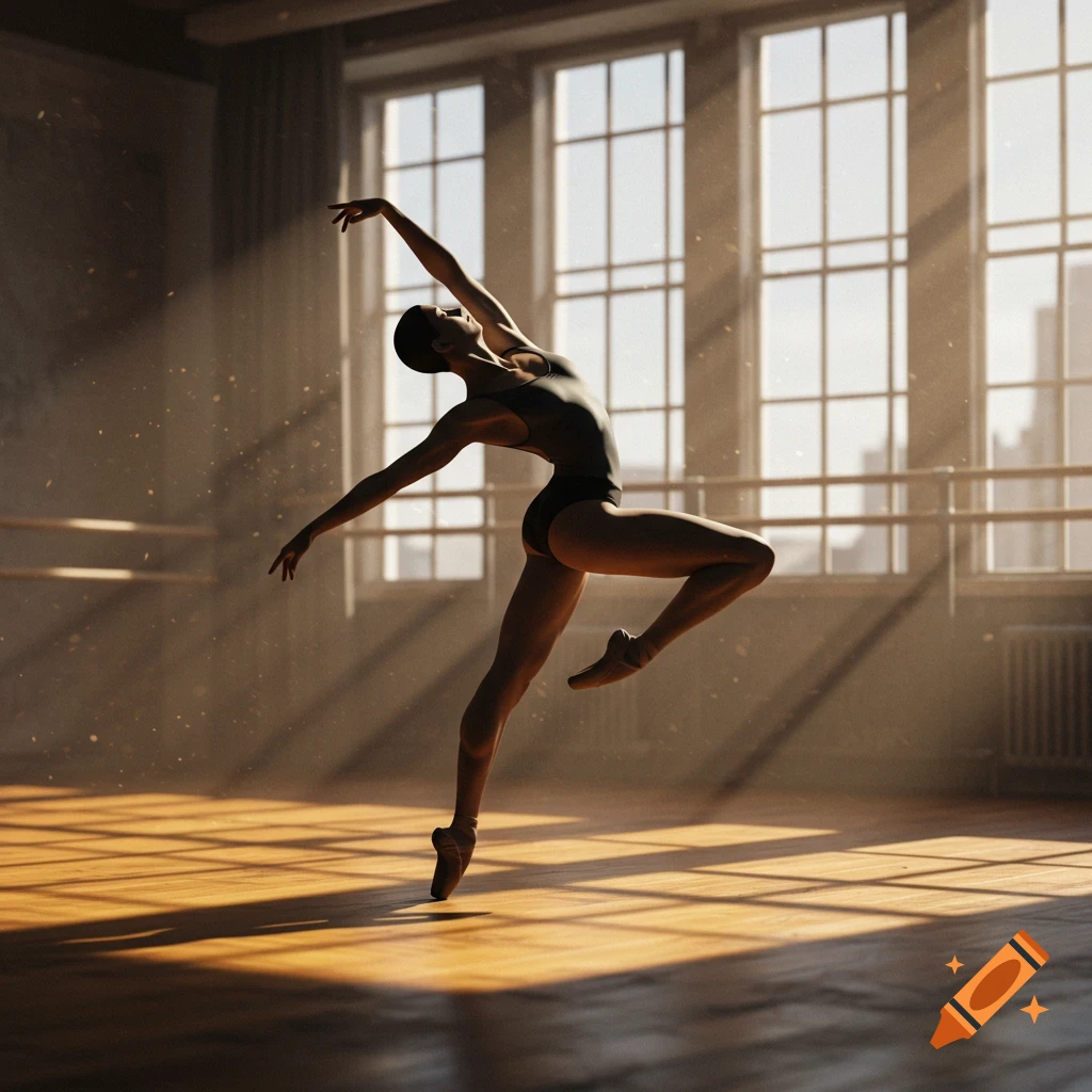 A ballet dancer in a leotard, silhouetted by sunlight streaming through large windows in a studio.