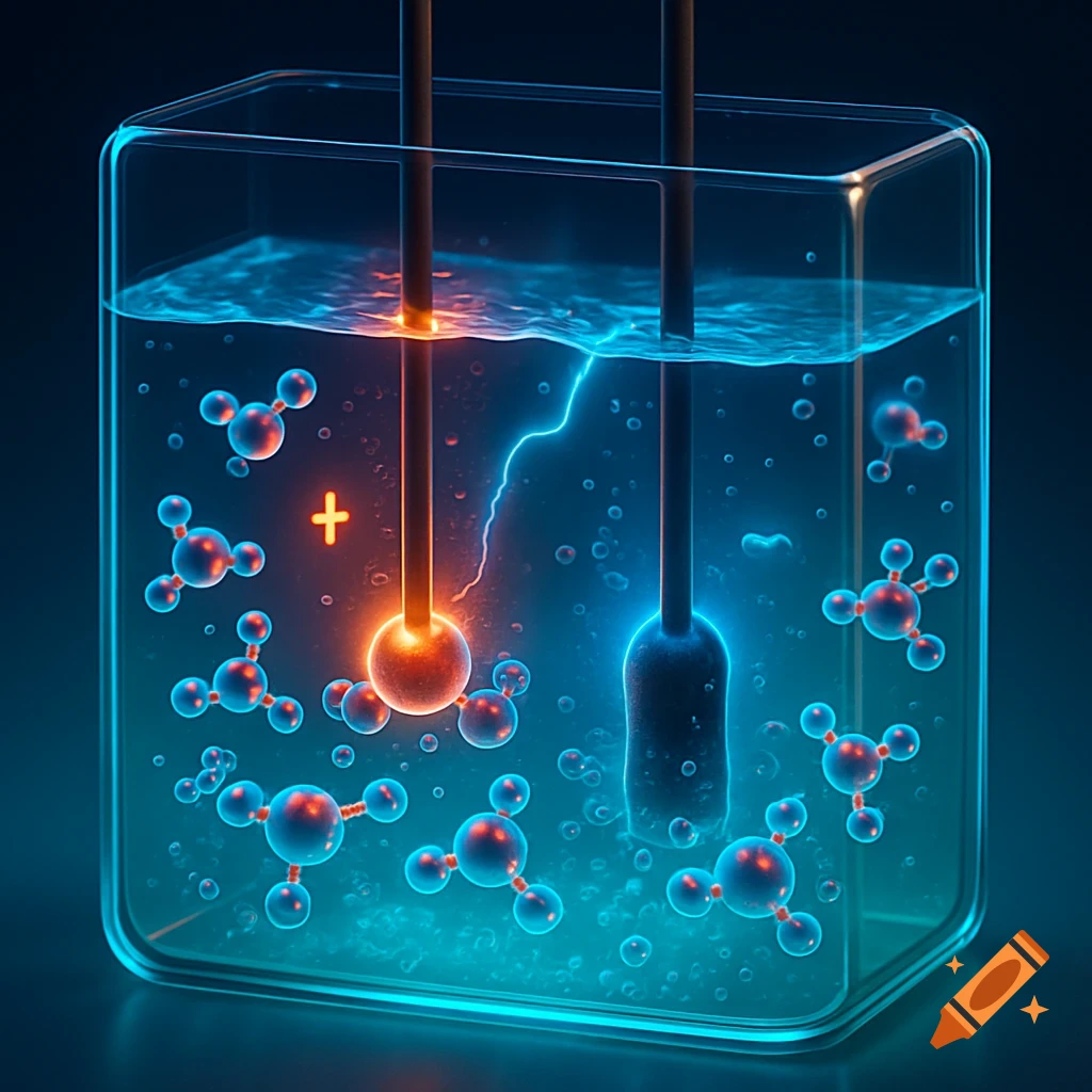 A glowing blue and orange electrolysis setup in a glass beaker with water, molecules, and an electric arc.