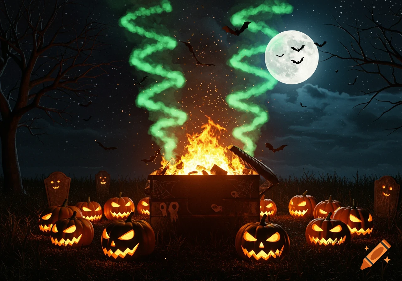A spooky Halloween night scene with glowing jack-o'-lanterns, gravestones, and bats flying around a full moon and a dumpster fire emitting green smoke.