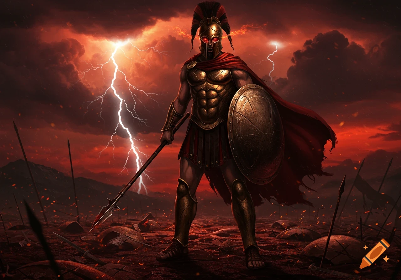 Heavily armored warrior with red glowing eyes, spear, and shield stands on a battlefield under a stormy red sky with lightning.