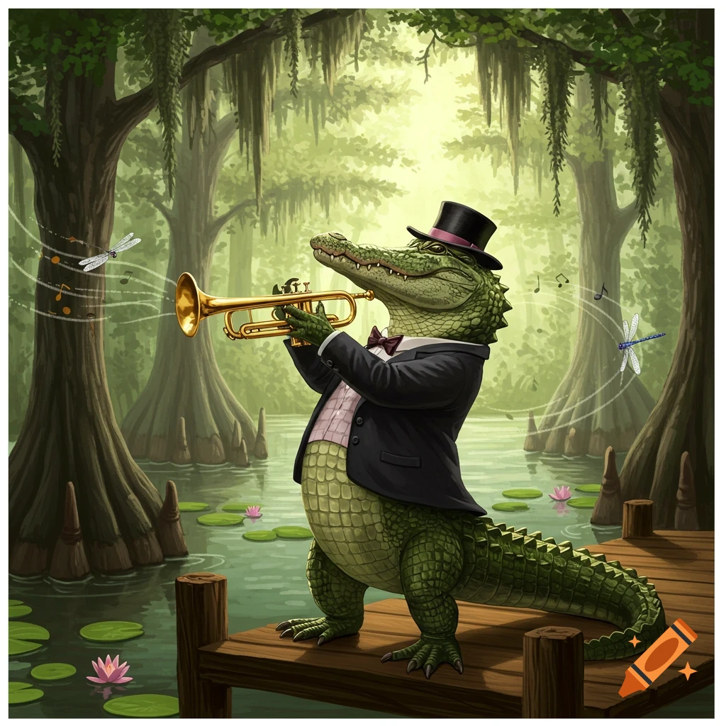 A whimsical illustration of an anthropomorphic alligator in a suit and top hat playing a trumpet on a swamp dock.
