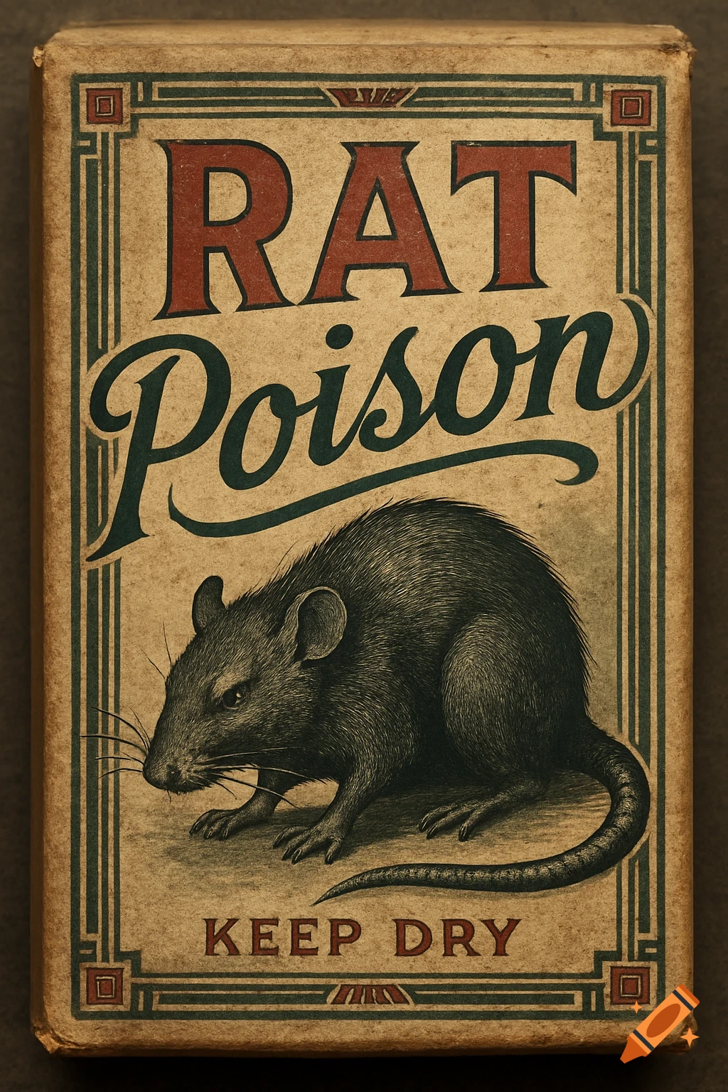 Vintage-style rat poison package with an illustration of a rat and text 'RAT Poison' and 'KEEP DRY'.