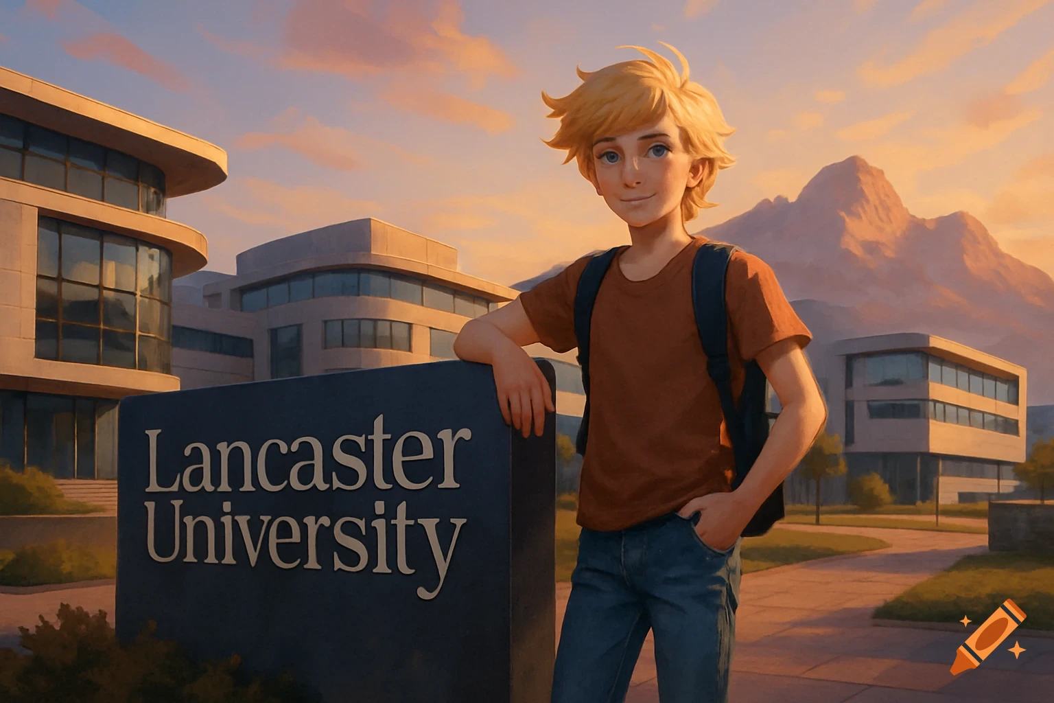 A blond-haired teenager with a backpack leans on a 'Lancaster University' sign, with modern buildings and mountains at sunset, in an animated style.