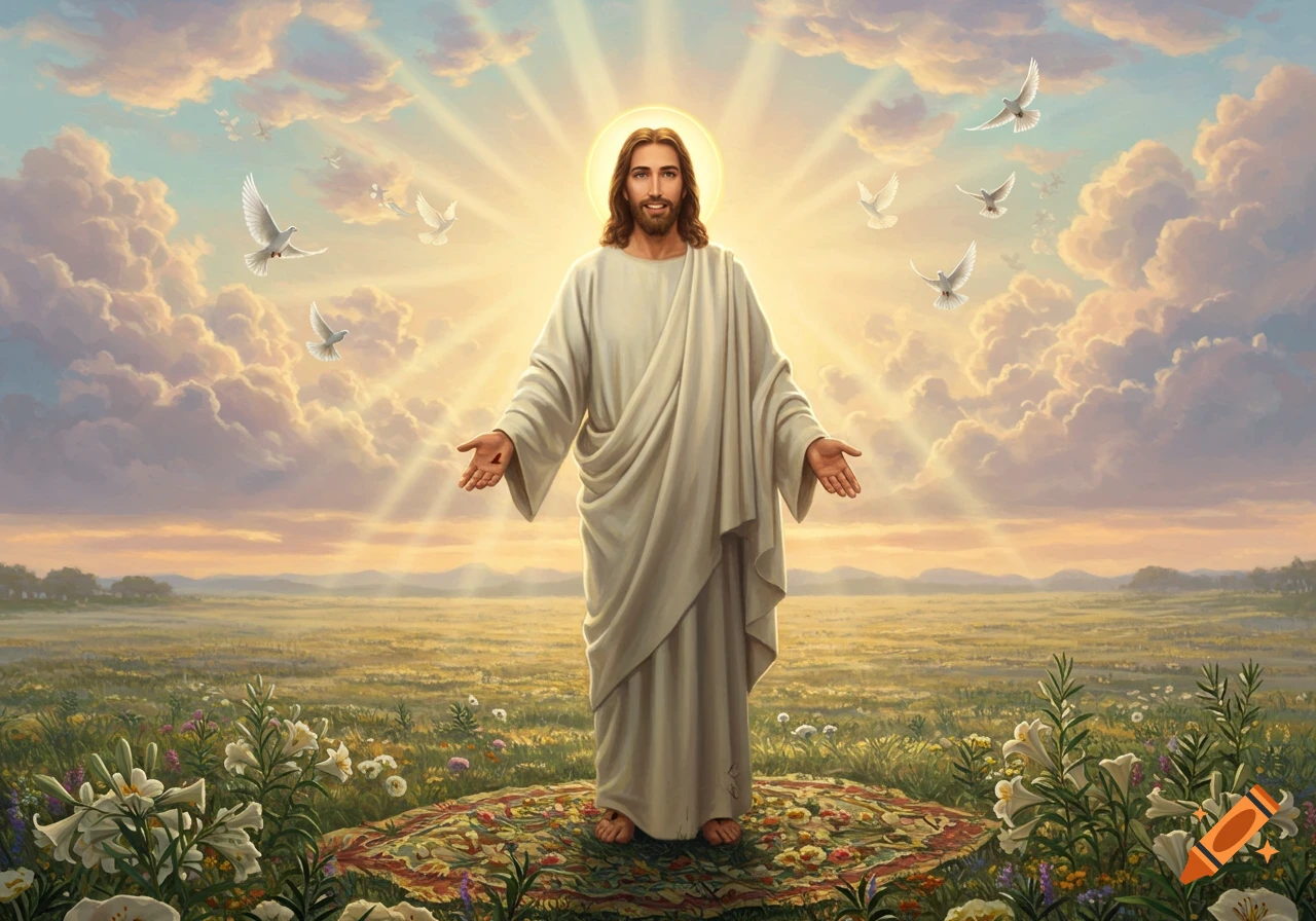 Jesus Christ with outstretched arms, standing on a patterned rug in a vibrant field of lilies, under a radiant sky with flying doves.