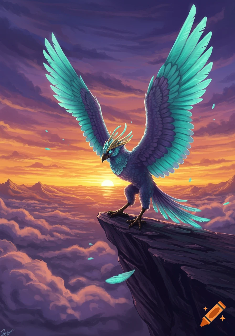 A vibrant blue and purple fantastical bird with spread wings stands on a cliff overlooking a cloudy sunset. Stylized digital painting.