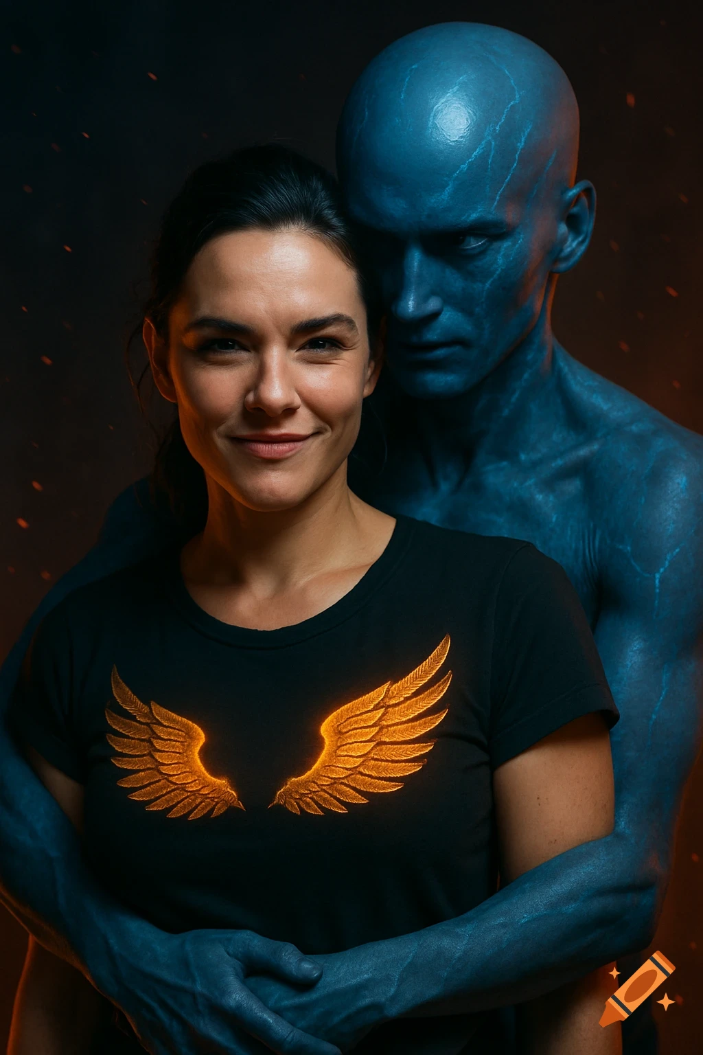 Cinematic portrait of a smiling woman in a black t-shirt with golden wings, embraced by a blue-skinned man with glowing veins.