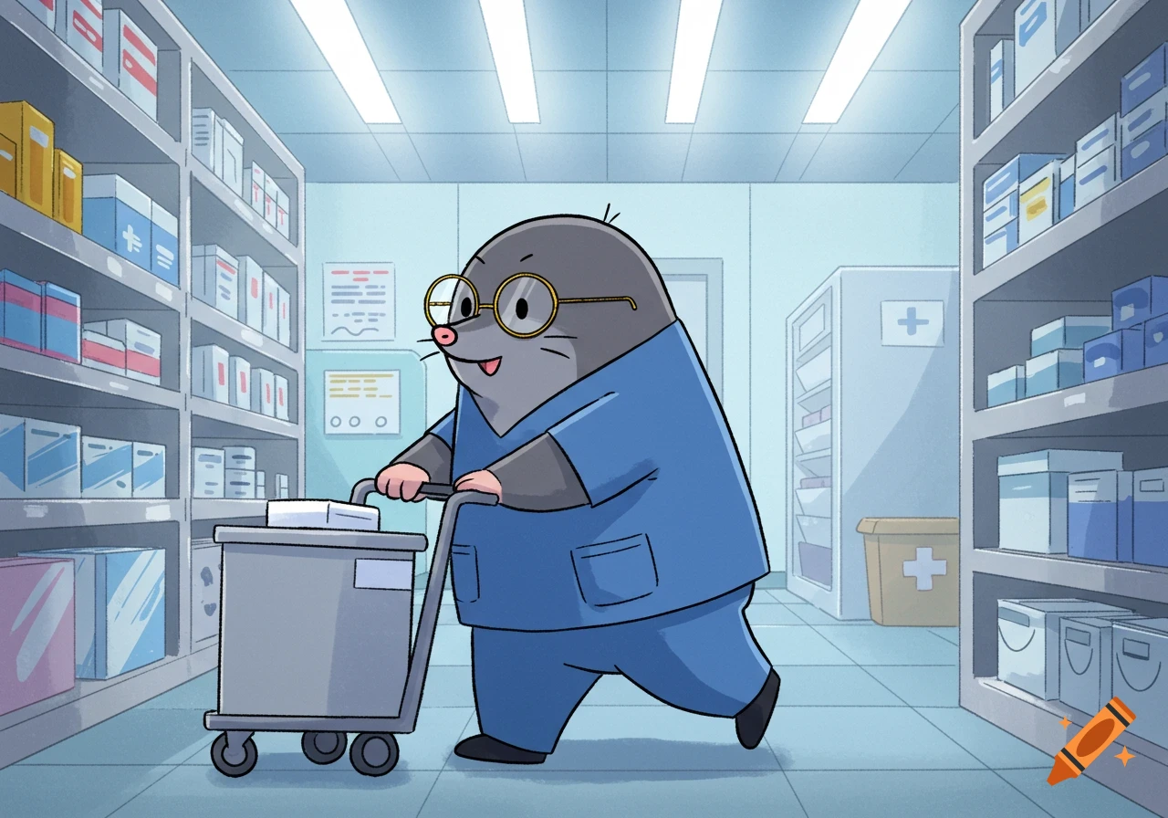 A cartoon mole in glasses and blue scrubs pushes a cart through a medical supply room with shelves of boxes.