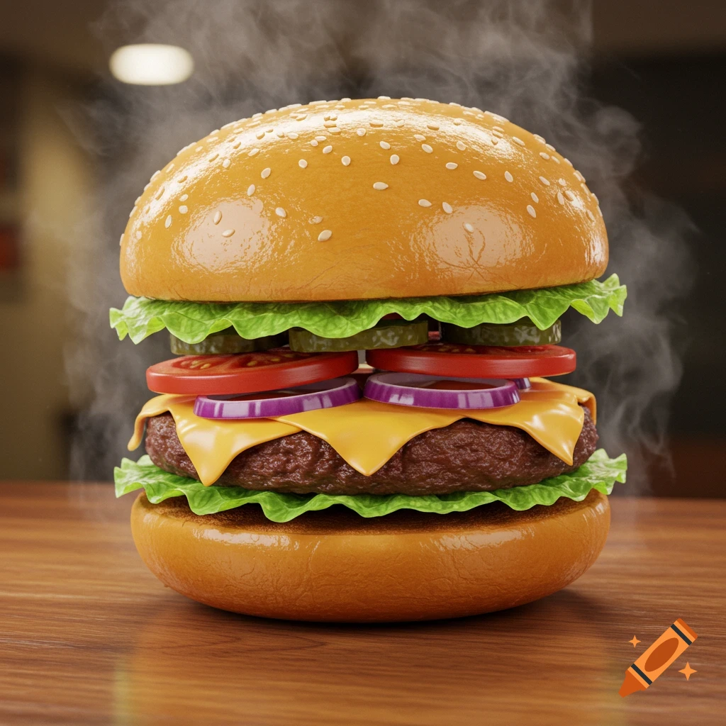 A steaming, juicy burger with lettuce, cheese, patty, pickles, tomatoes, and red onions on a wooden table, photorealistic.