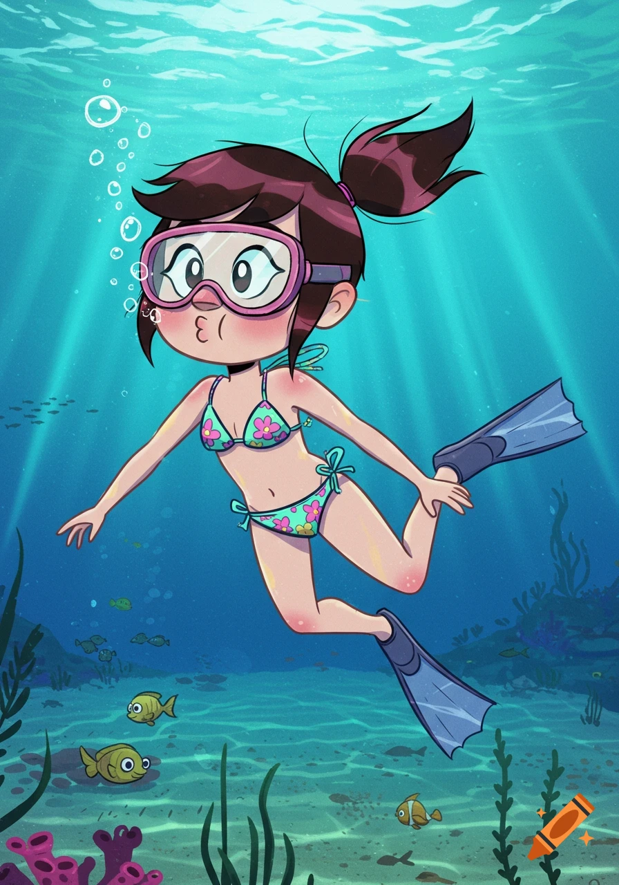 Cartoon girl with goggles, bikini, and flippers, holding her breath with puffy cheeks, swims underwater near fish and coral.