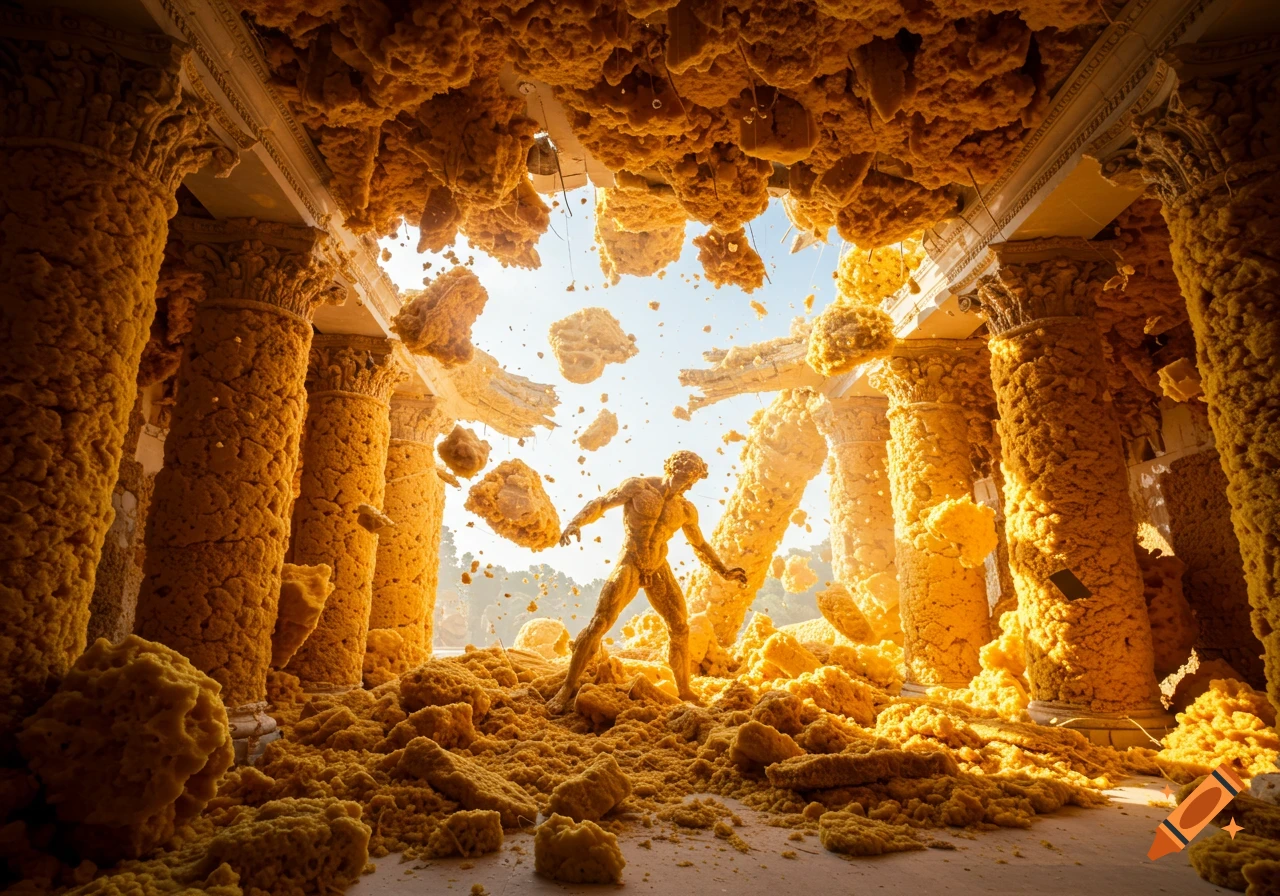 A muscular figure resembling Samson stands amidst a collapsing temple made of yellowish sponge, with debris and columns falling.