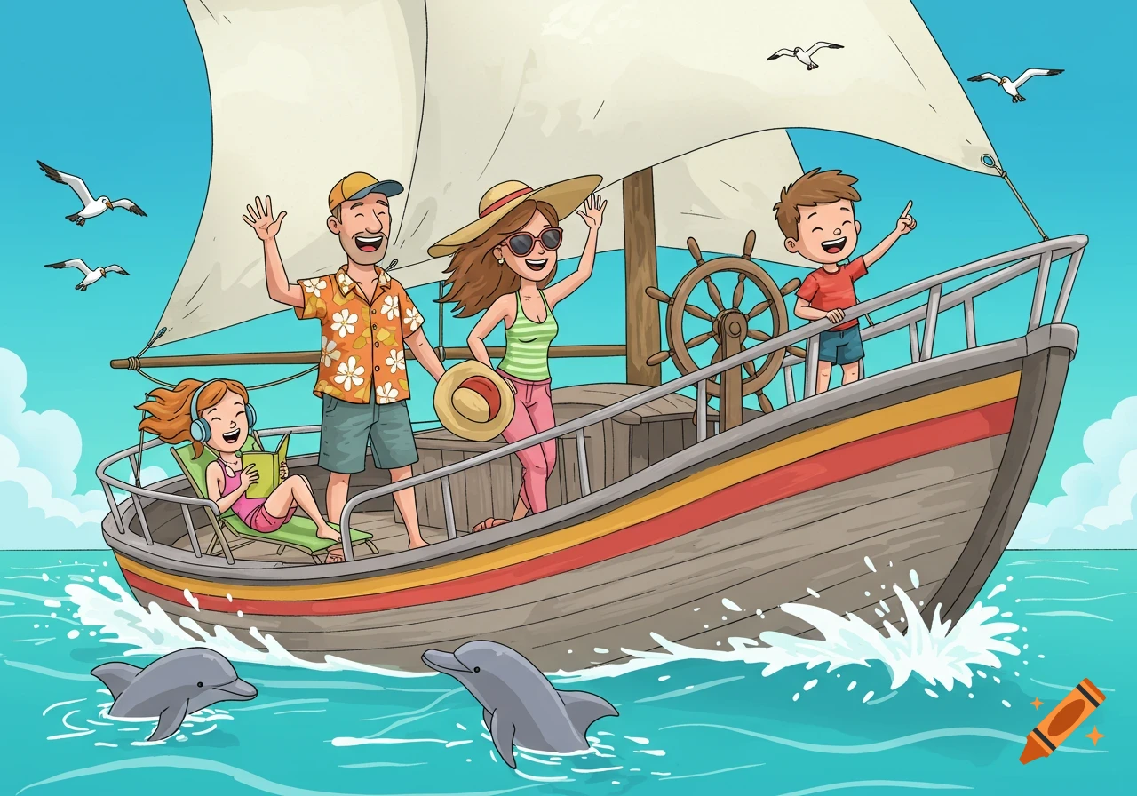 A cartoon family waves from a sailboat on a sunny day, with dolphins in the water and seagulls flying above.