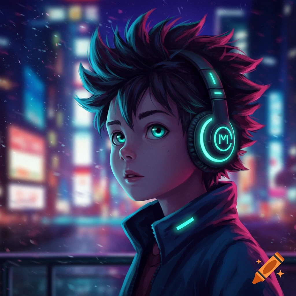 Close-up of an anime boy with green eyes and spiky hair, wearing glowing headphones against a blurred neon city background.