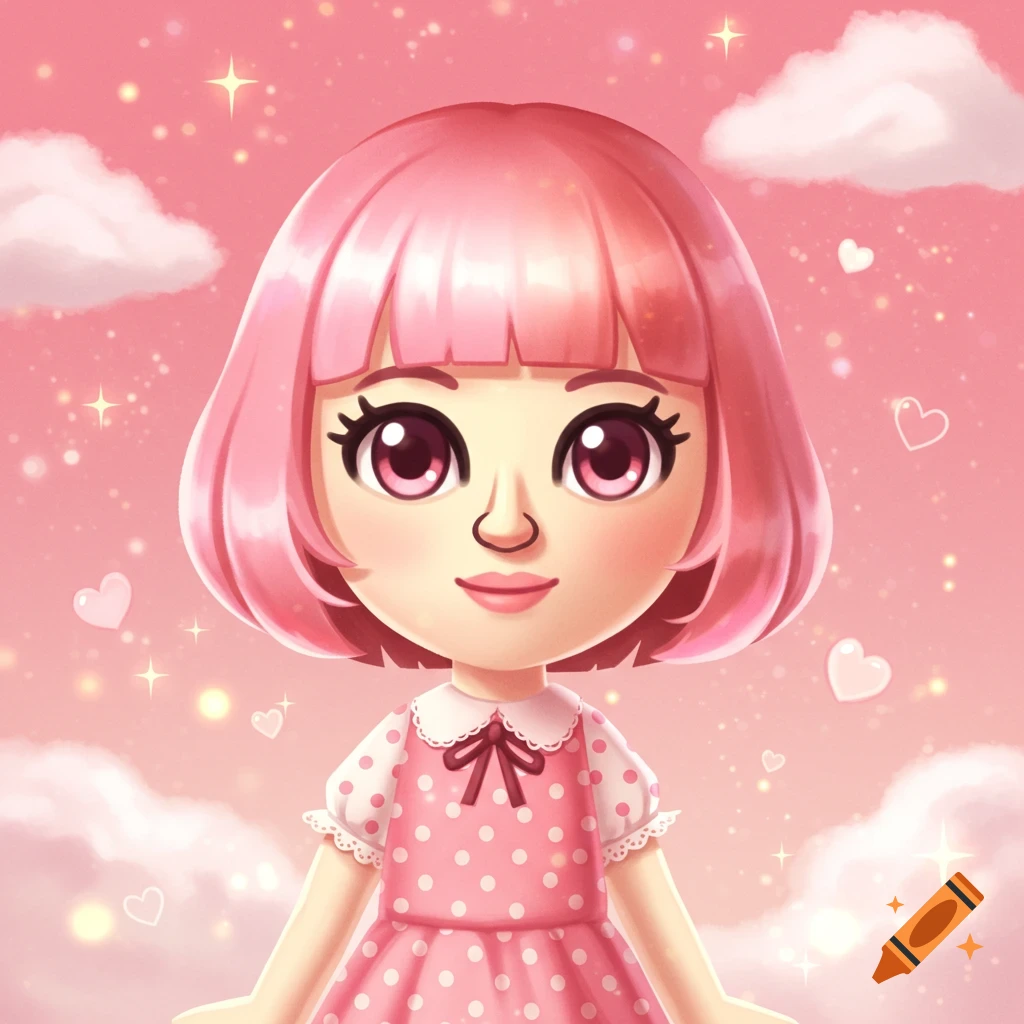 A cute, pink-haired Mii-style cartoon girl in a pink polka dot dress against a sparkling pink sky with clouds and hearts.