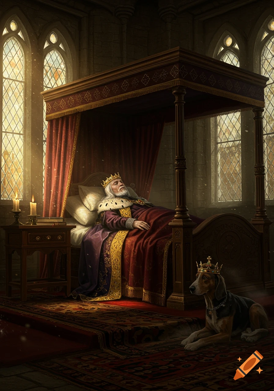 An old king in royal robes rests in a grand bed, a crowned dog on a rug beside him in a dimly lit medieval chamber.