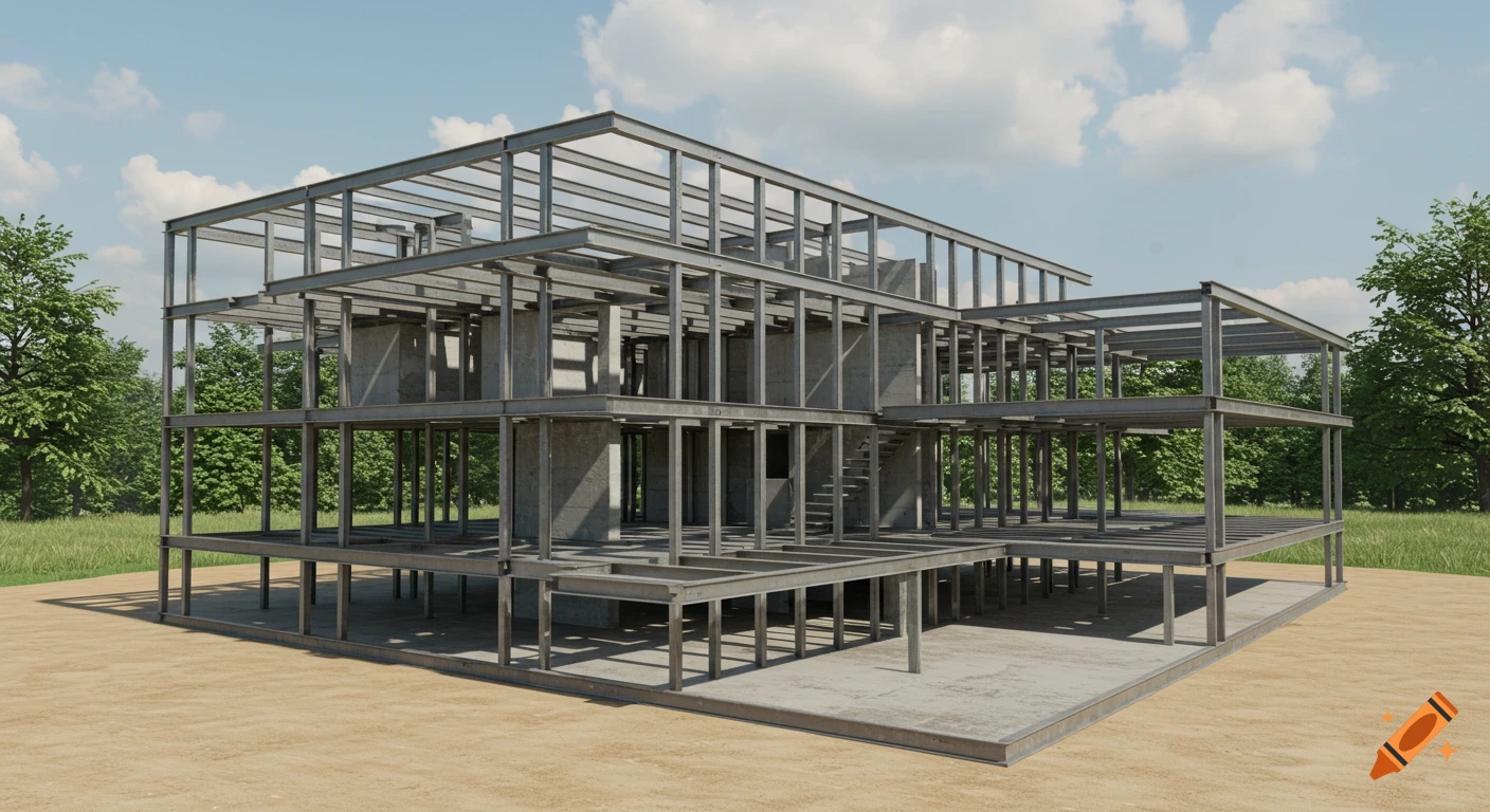 A multi-layered metal frame of a house under construction, with a concrete foundation, set in a grassy field under a blue sky.