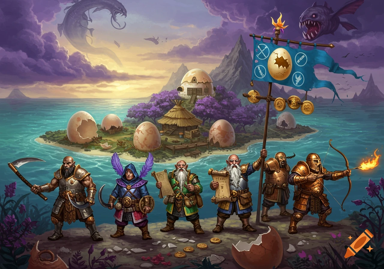 A vibrant fantasy illustration of an island with eggshell huts, purple trees, and a sea dragon, with six dwarf-like warriors in the foreground holding weapons and scrolls.