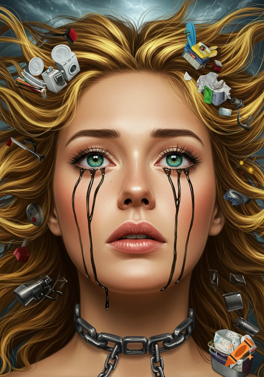 A close-up of a woman crying black tears, with household items tangled in her blonde hair and chains around her neck, against a stormy sky.