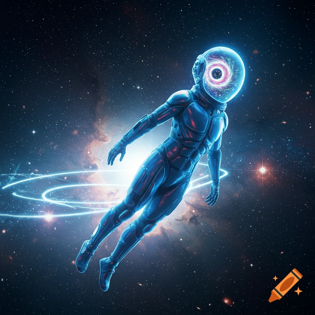 An astronaut in a futuristic blue suit with a swirling galaxy in their helmet floats in deep space, surrounded by stars and nebulae.