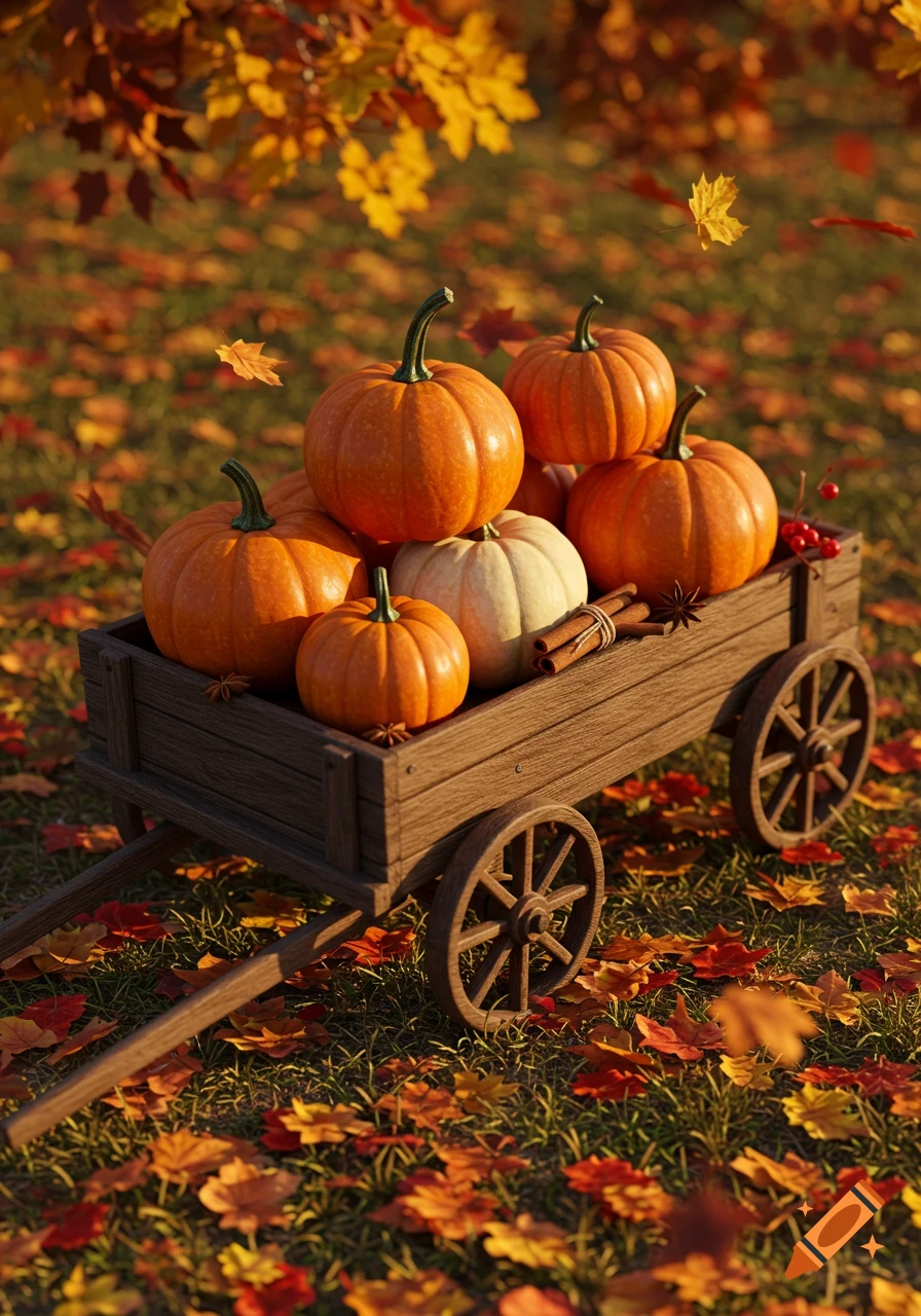 A rustic wooden cart overflowing with orange and white pumpkins, cinnamon sticks, and star anise, on a bed of fall leaves.