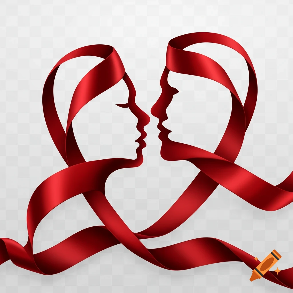 Two red ribbons form the silhouettes of a male and female face about to kiss, on a transparent background.