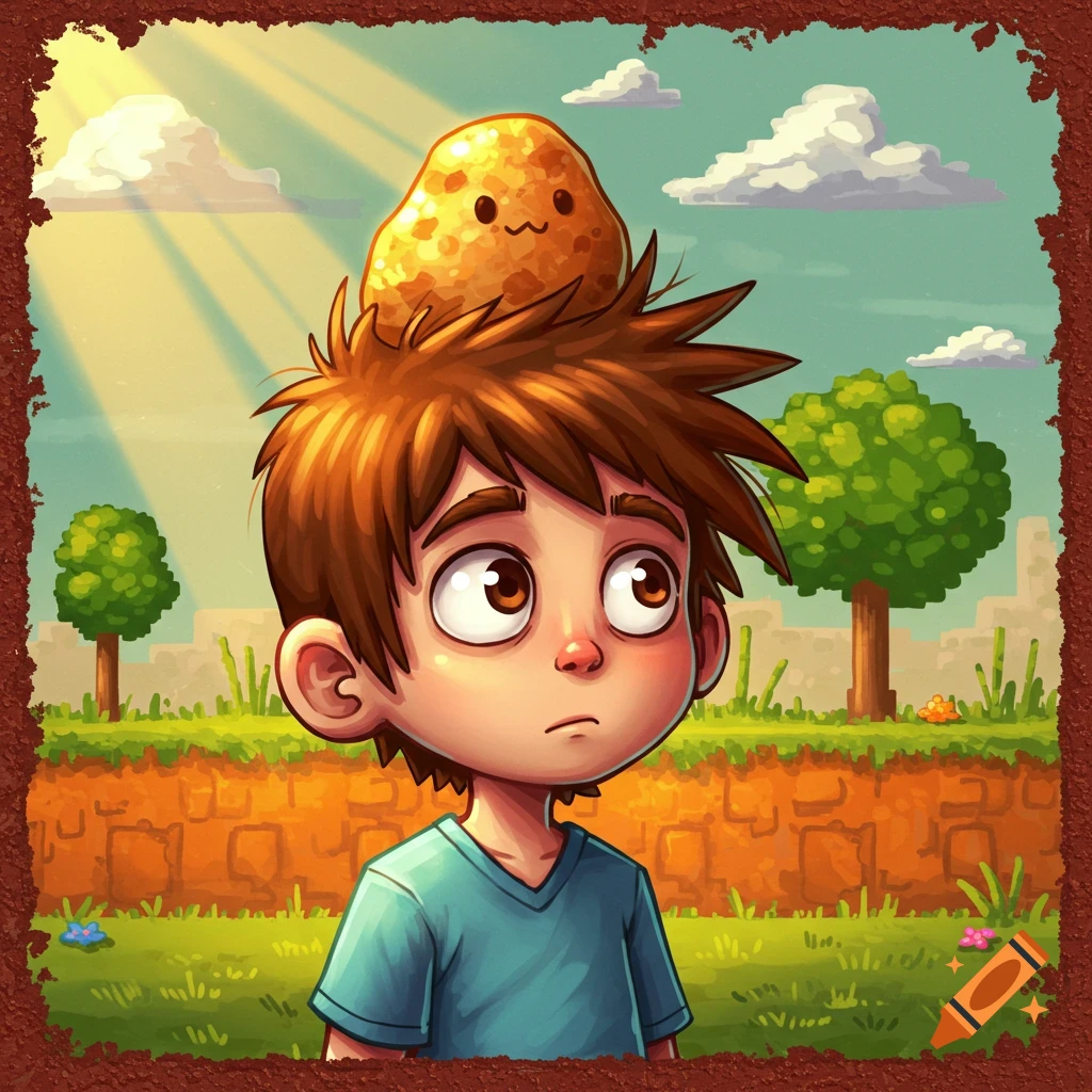 A cartoon boy with spiky brown hair has a smiling potato on his head, standing in a sunny, blocky video game-style landscape.