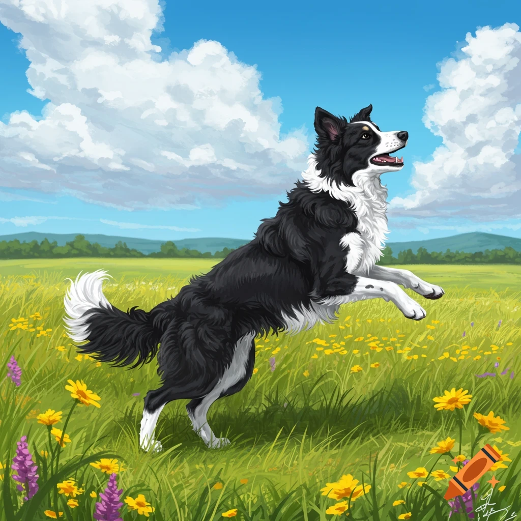 An illustrated black and white Border Collie dog leaps joyfully in a field of green grass and wildflowers under a blue sky.