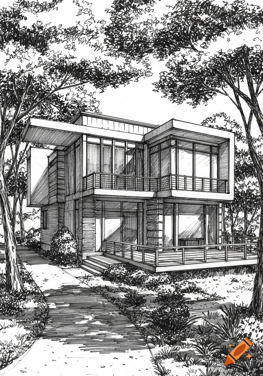 A detailed black and white pen-and-ink sketch of a modern house surrounded by trees, with a path leading to its entrance.