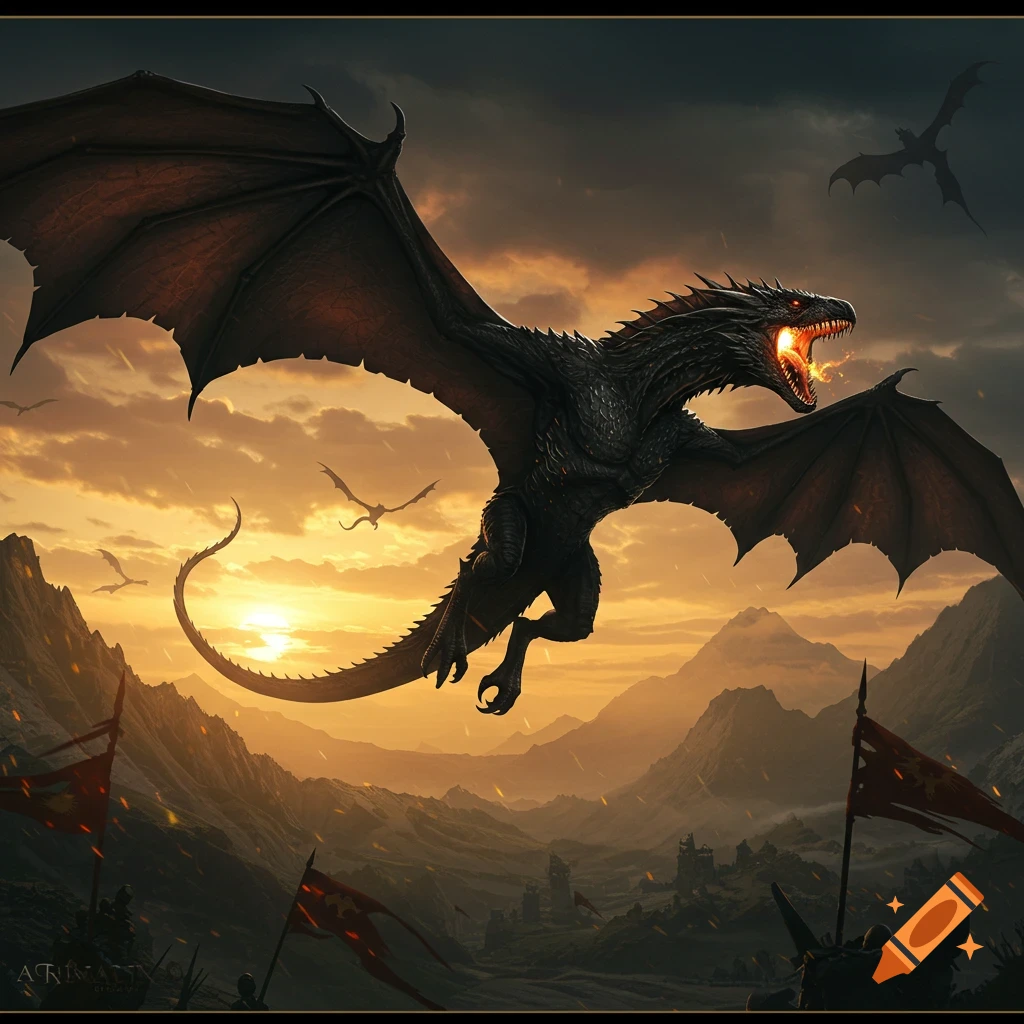 A black dragon breathing fire flies over a sunset mountain landscape with a battle raging below.