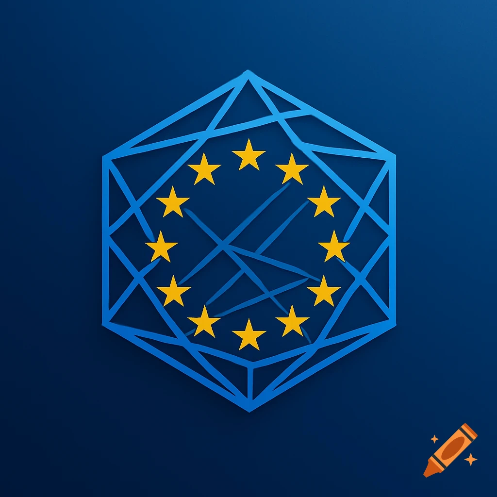 A geometric blue hexagon with intricate lines, enclosing a circle of twelve yellow stars on a dark blue background, resembling the EU flag.