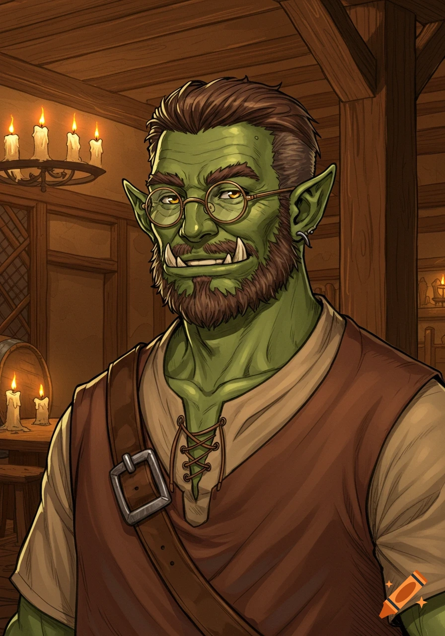 A manga-style portrait of a smiling, green-skinned half-orc man with a beard, glasses, and tusks, in a warm tavern.