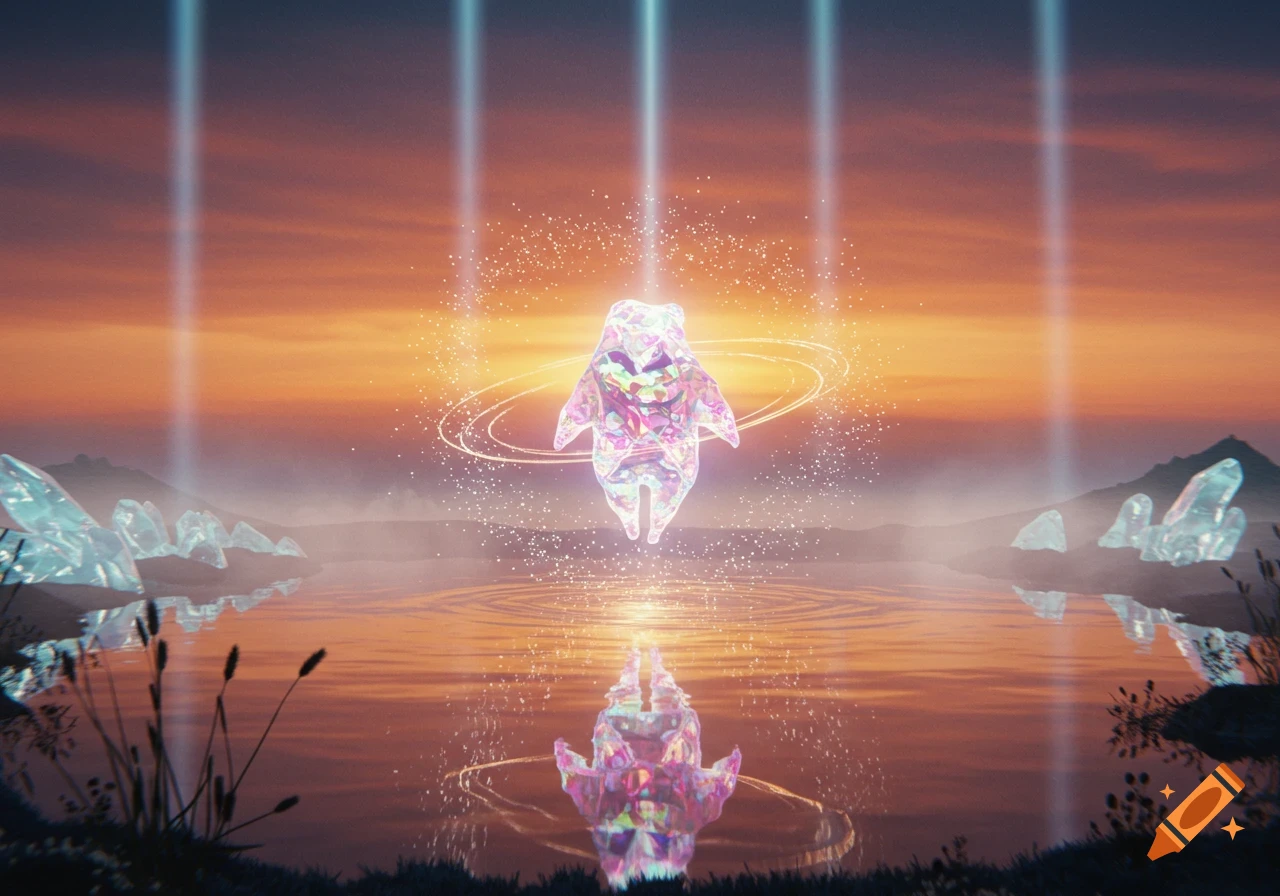 A glowing, crystalline creature hovers over a calm lake at sunset, reflecting in the water, with crystal formations on the distant shores and light beams from above.