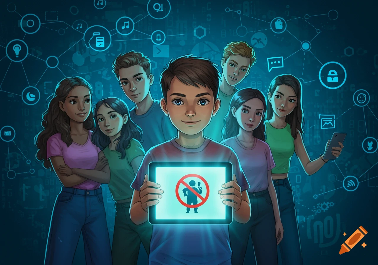 A cartoon illustration of a diverse group of teenagers and children with a tech-themed background, one boy holds a tablet displaying a 'no phone' symbol.