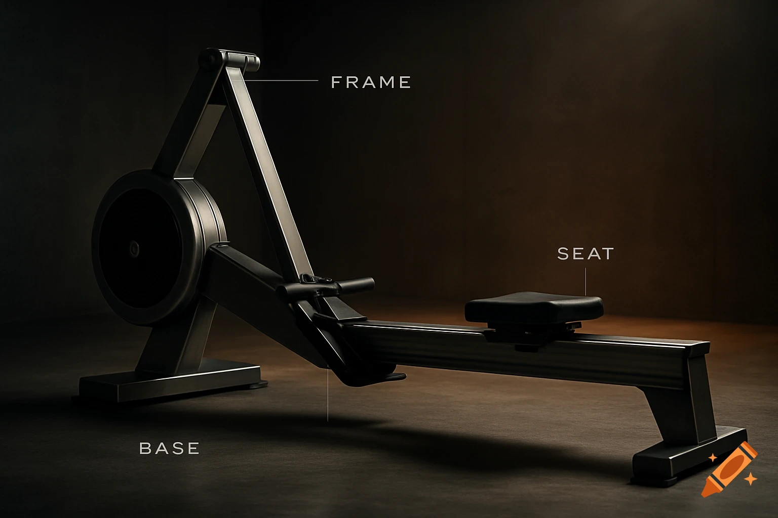 A photorealistic image of a rowing machine with labels for its frame, seat, and base on a dark background.