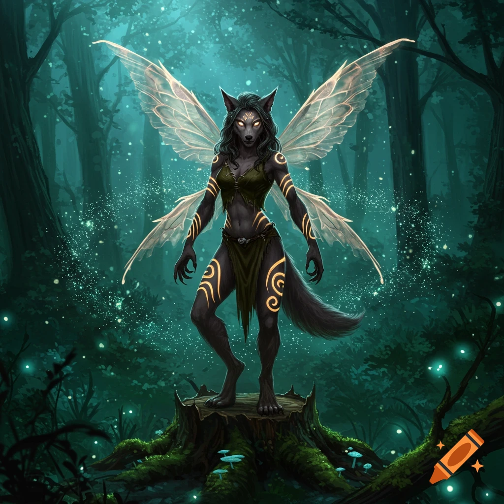 A dark-furred werewolf pixie with large glowing wings and tribal markings stands on a mossy tree stump in an enchanted, dark forest.