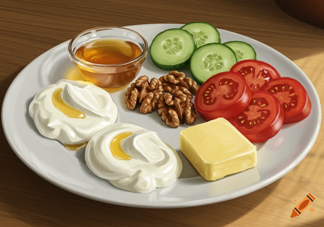 A white plate holds cream with honey, a bowl of honey, walnuts, sliced cucumbers, tomatoes, and a block of butter in a digital painting style.